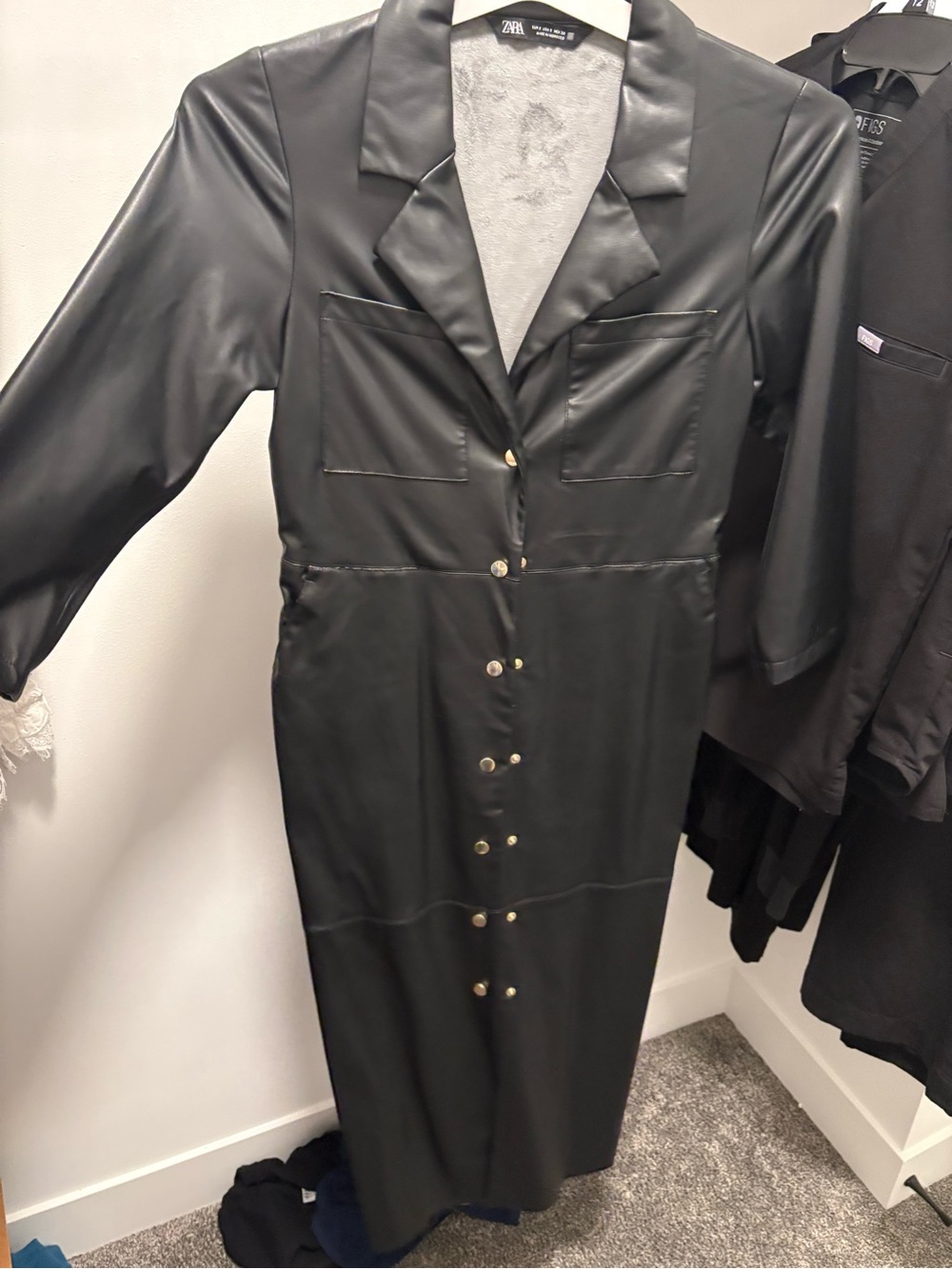 Zara Black Faux Leather dress with Notch Lapel